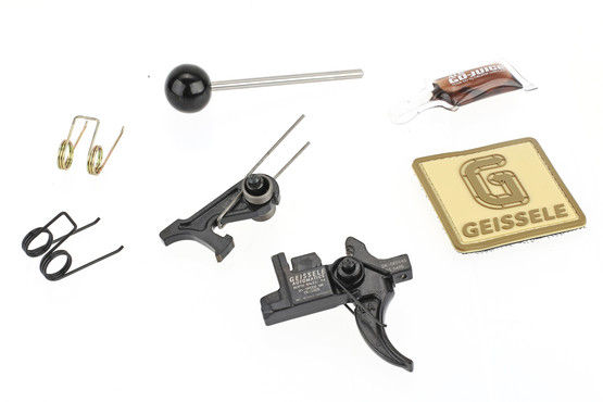 The Geissele Automatics Hi-Speed National Match Two Stage ar15 Trigger Set comes with multiple springs, lubricant, and patch